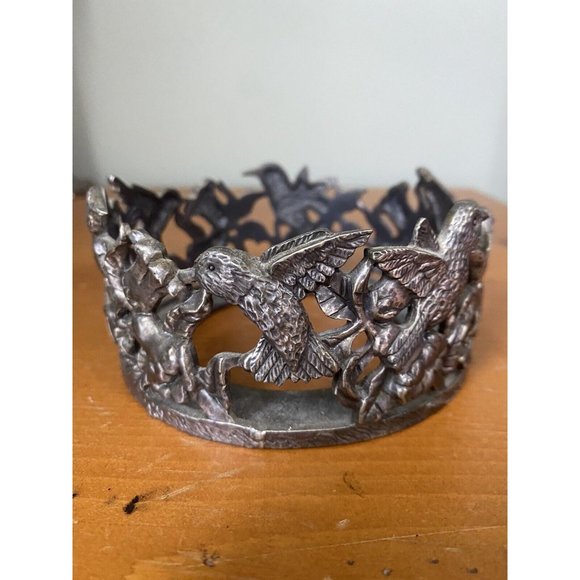 Vintage Pewter Metal Candle Jar Holder Stand Hummingbirds Hibiscus Flowers - Picture 2 of 9